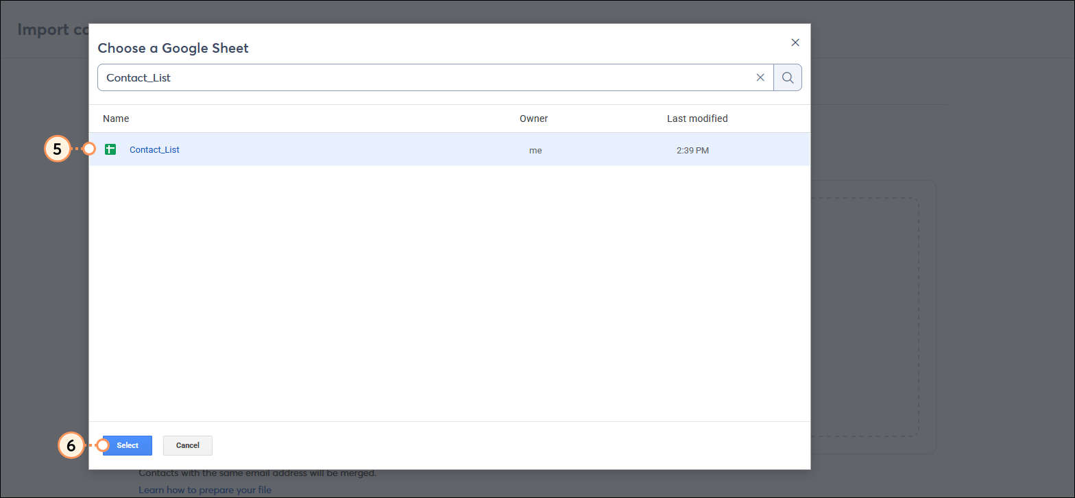 Choose a Google Sheet overlay with Search field and search results, Google Sheet selected, and Select button