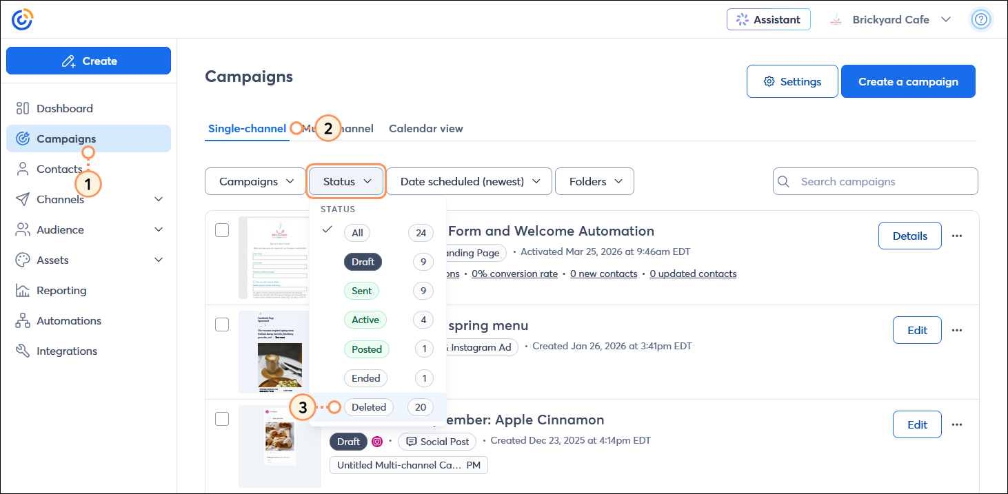 Left-hand menu with Campaigns option selected, Campaigns page with Single-channel tab selected, Status drop-down menu expanded with Deleted option selected