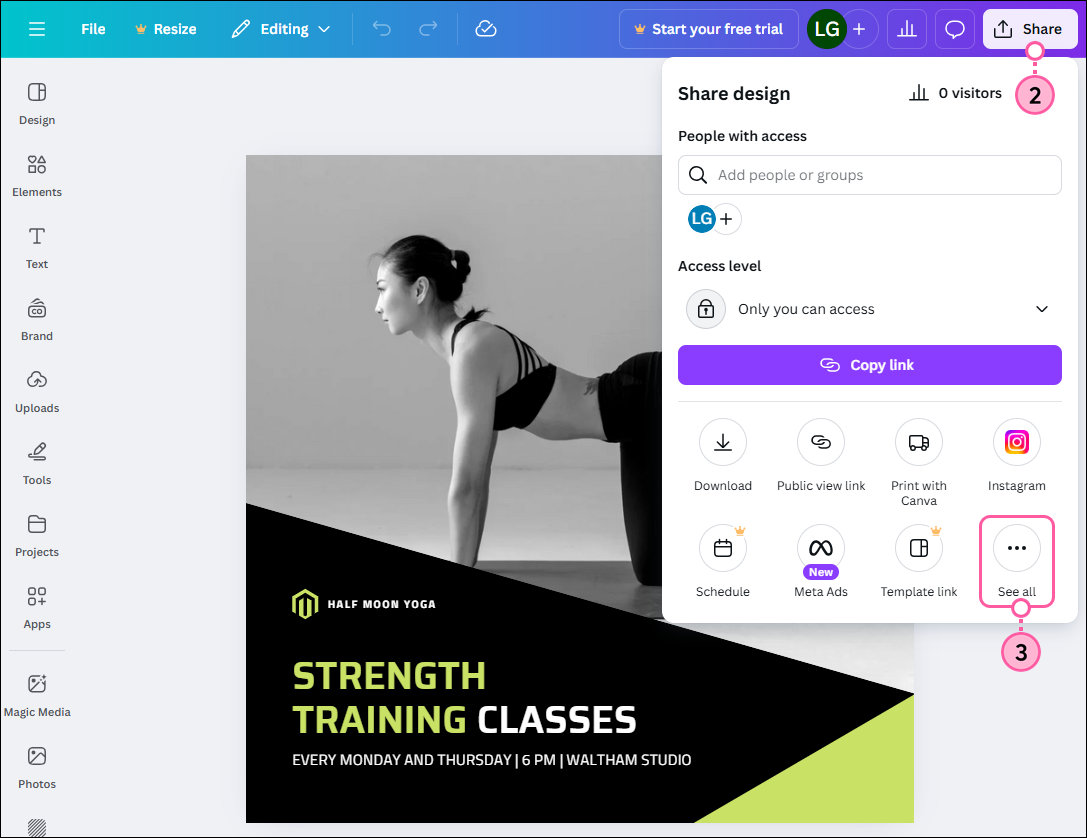 Canva design, Share drop-down, and See All option