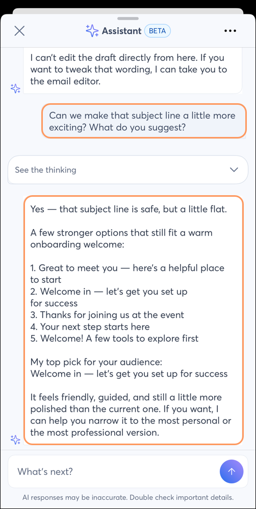 AI Assistant pop-up with subject line suggestions AI Assistant pop-up with subject line suggestions