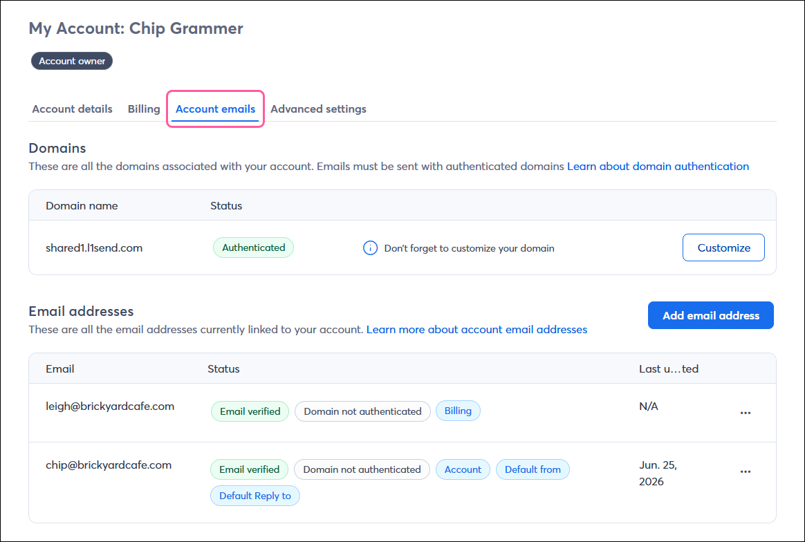 Account Emails tab on My Account page