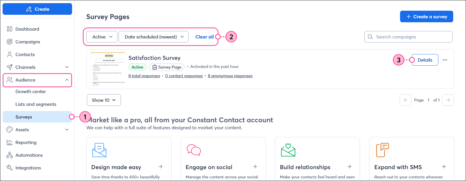 audience menu expanded with Surveys option selected, STATUS drop-down menu with Active option selected, SORT BY drop-down menu with Date scheduled (newest) option selected, active survey with Details button