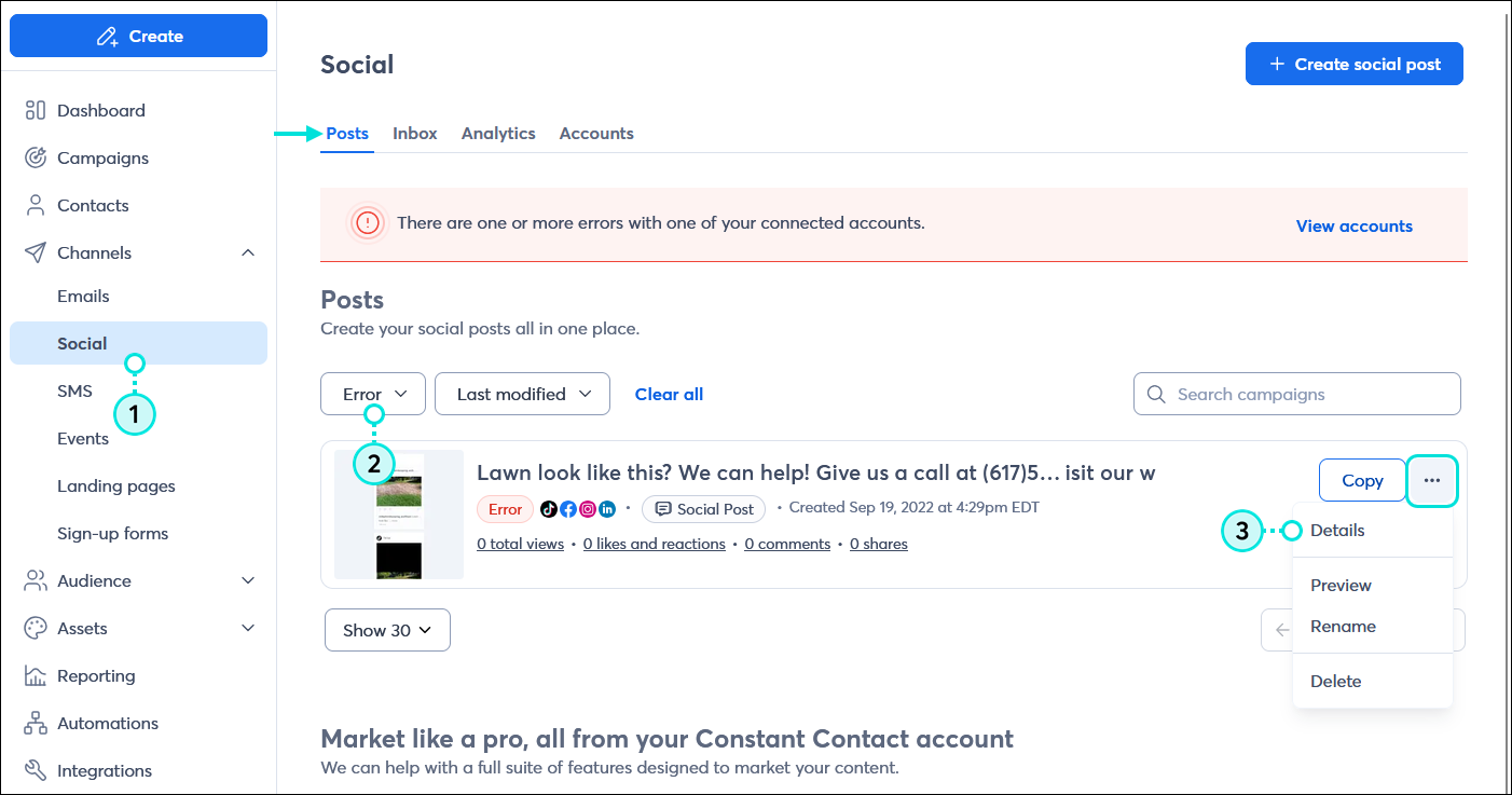 Left-hand menu with Social option selected, Social page with Posts tab selected, Status drop-down menu with Error option selected, failed post with Error status, and post drop-down menu expanded with Details option selected