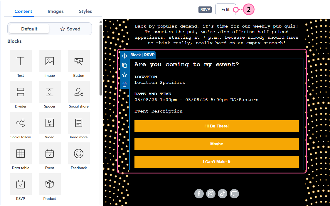 RSVP block selected and Edit Button in toolbar