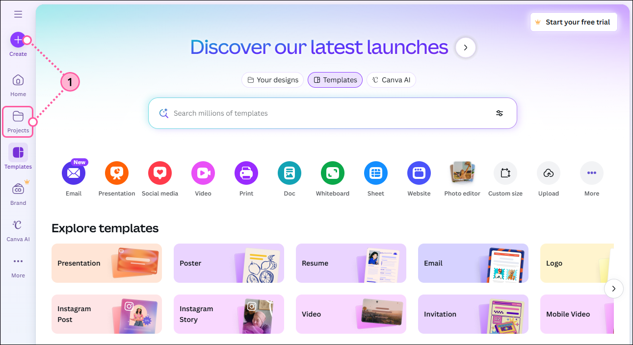Canva homepage with Create and Projects options