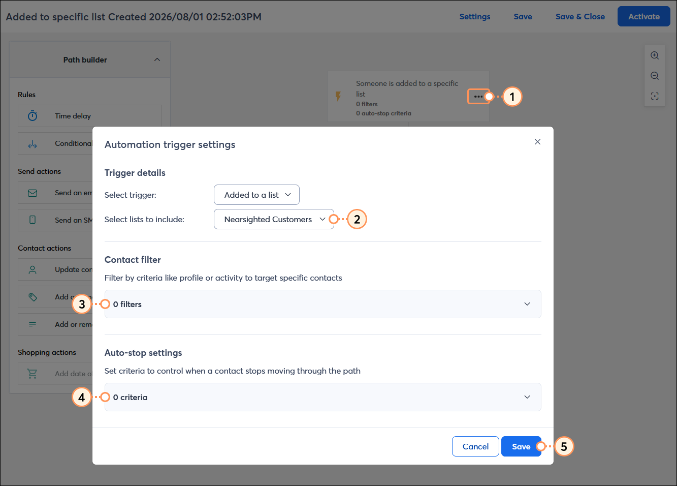 Automation trigger settings overlay, Trigger details section with Selct trigger added to a list and Select lists to include drop-down menu, Contact filter option, Auto-stop settings section, and Save button