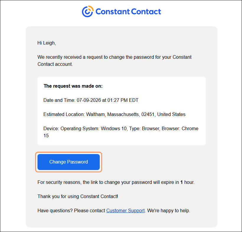 Reset Password email with Change Password button