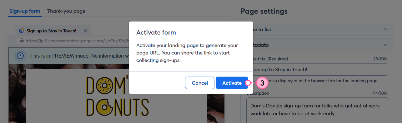 Sign-up Landing Page preview with Activate landing page overlay and Activate button