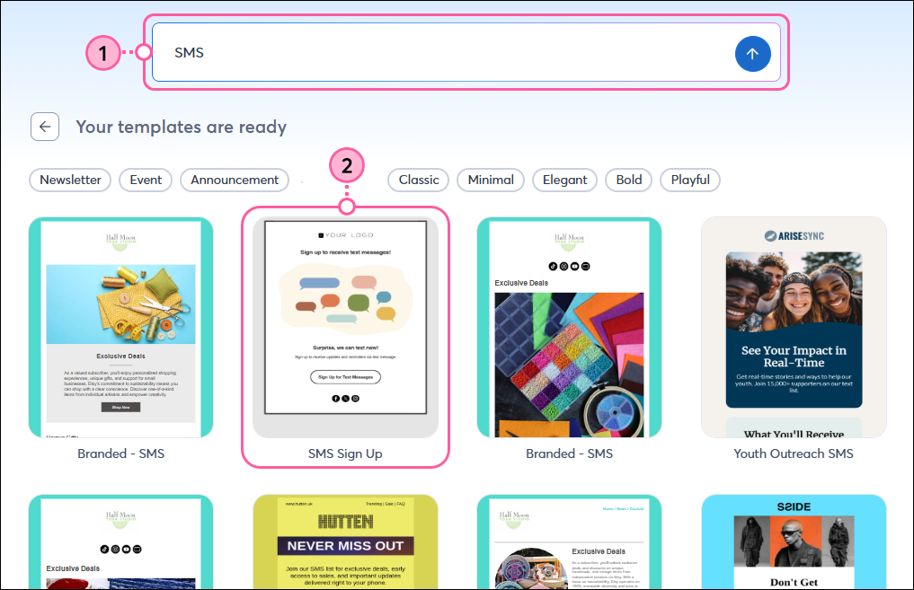 Template picker search bar with SMS keyword, SMS search results, and SMS Sign Up template selected