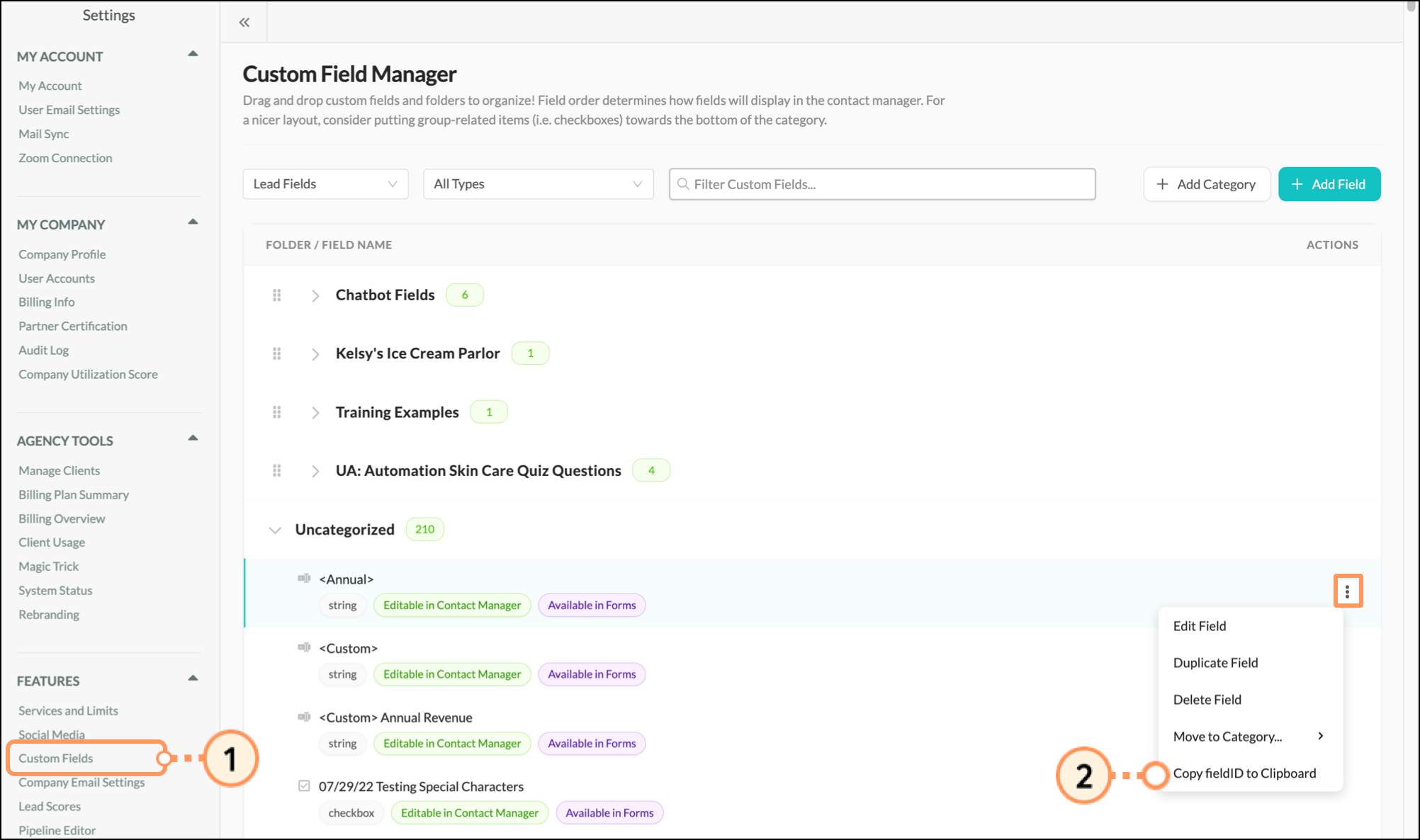 Copy fieldID to Clipboard button in the expanded three dots menu under the Custom Fields section