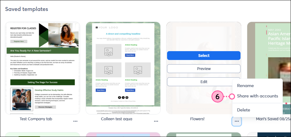 Email template picker with Saved templates tab selected, template with preview option, and template menu expanded and Share with accounts option selected