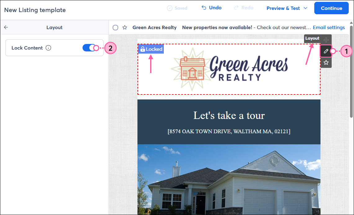 Editor de correo electrónico con imagen de logotipo dentro de un diseño bloqueado, menú de diseño expandido con icono de lápiz, panel de diseño con interruptor de bloqueo de contenido.