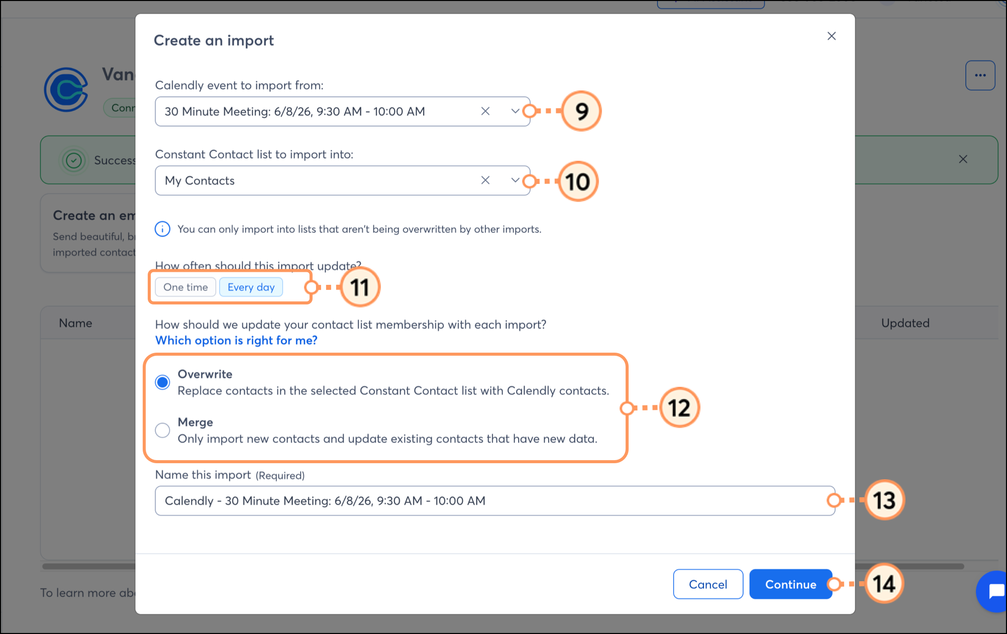 Fields to setup the import and a blue Continue button