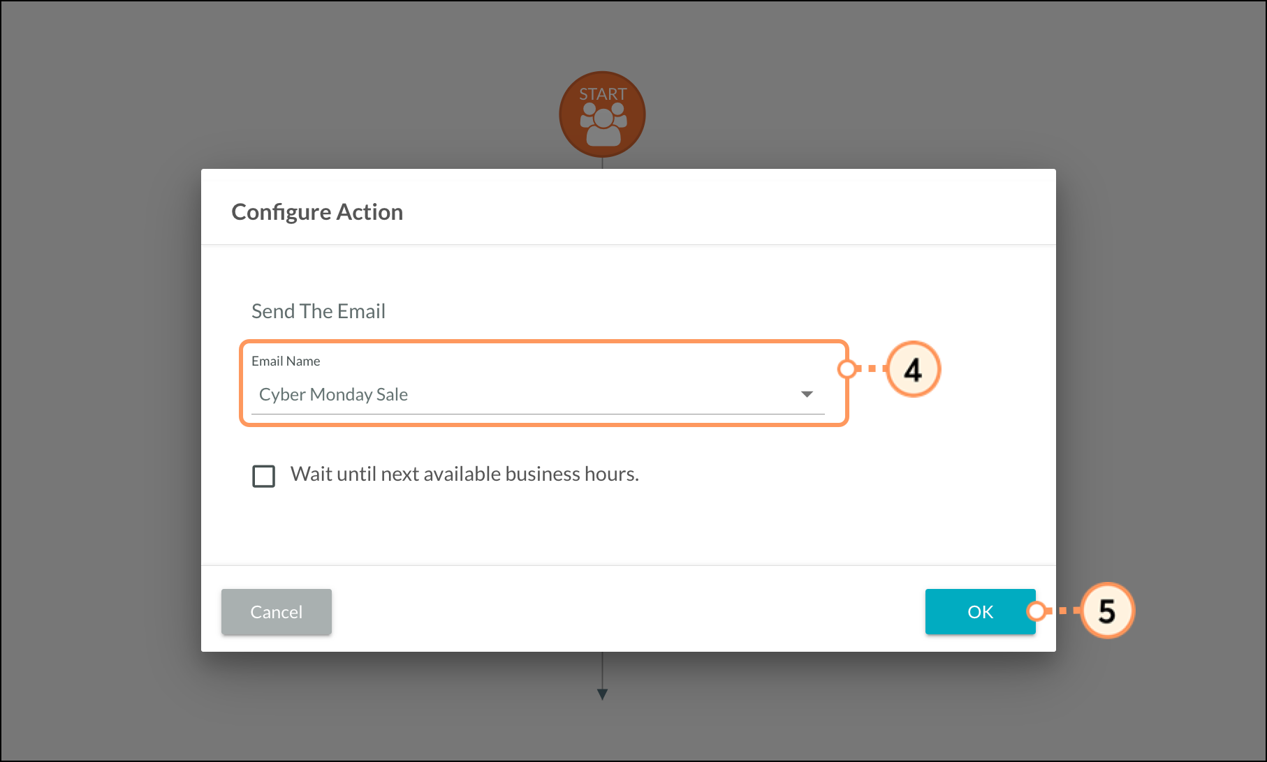 Email selection view and blue OK button