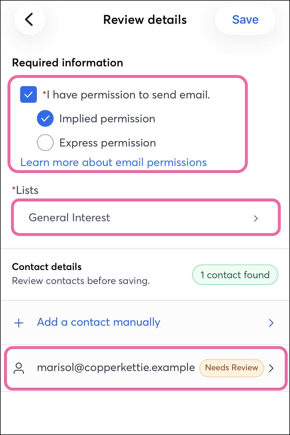 Checkmark to select permission type, and imported emails to review