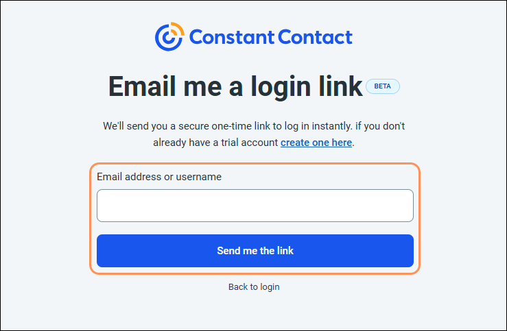Email Me a Login Link page with Email address or Username field and Send Me The Link button