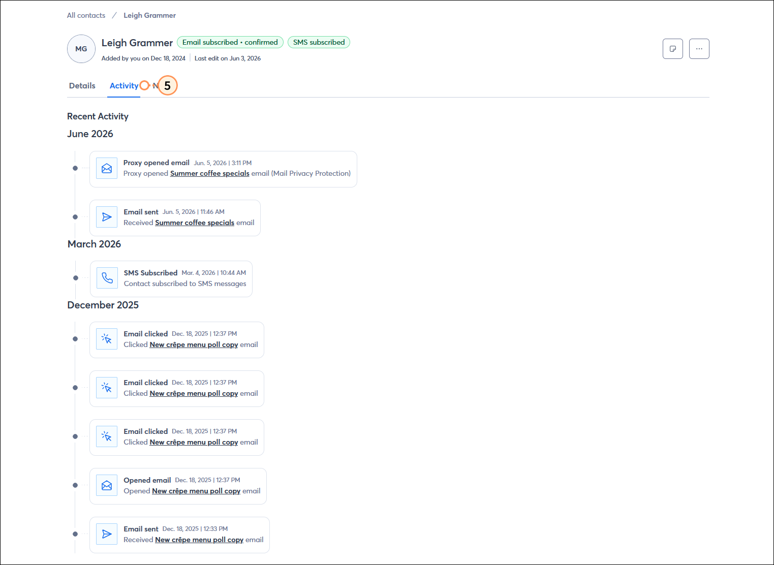 Contact record with Activty tab selected and email send, open, proxy open, and link click activity, and SMS subscribed activity
