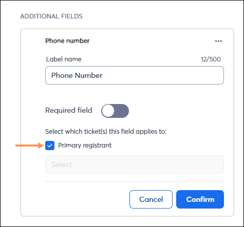 Ticketless event additional field on registration form primary registrant box checked