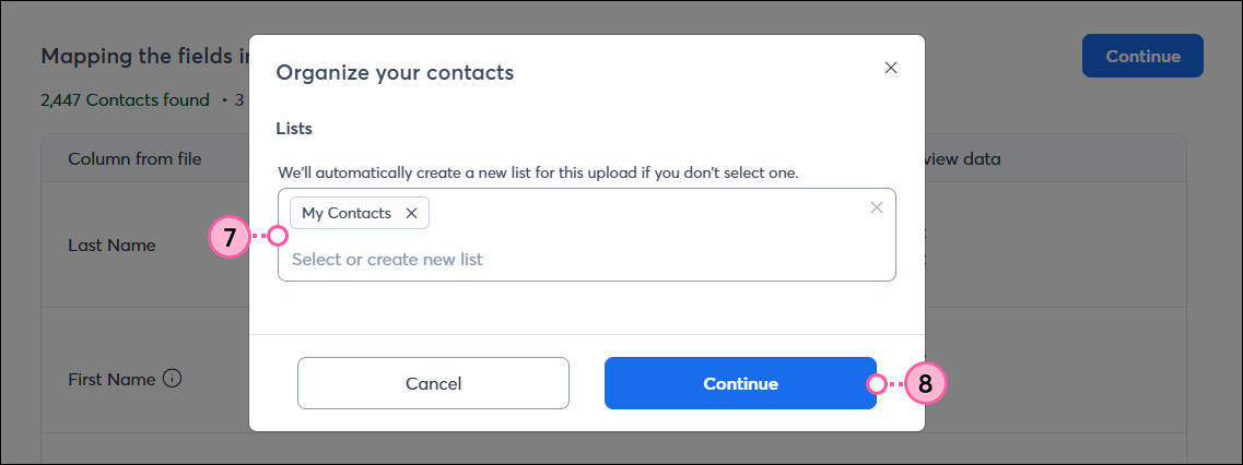 Organize Your Contacts pop-up with Lists selection and Continue button