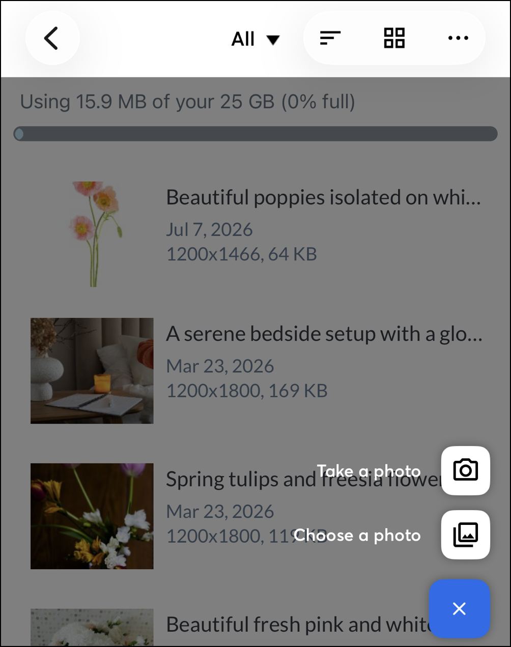Constant Contact mobile application library page with option for adding photos