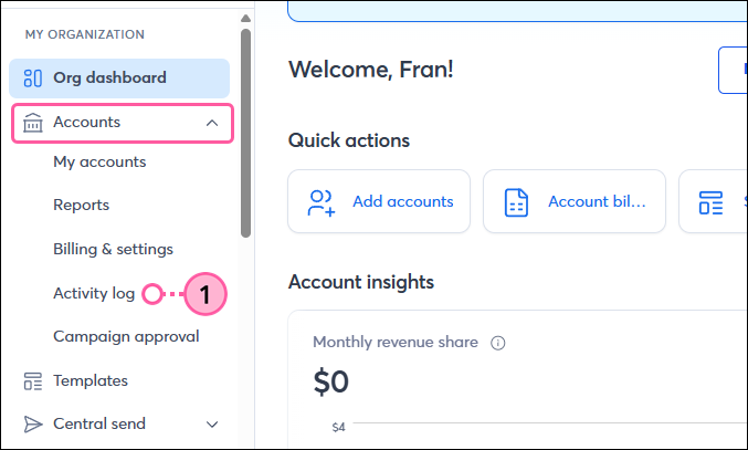 Partner account Left navigation menu Accounts dropdown Activity Log option