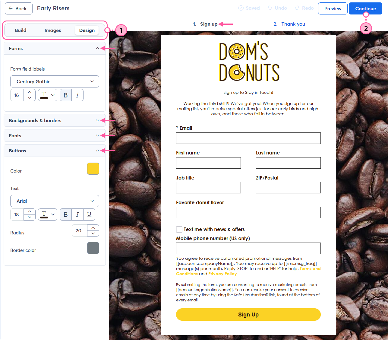Landing page editor with Design tab selected and Forms section expanded with Form field labels options, and Buttons section expanded with Color and Text options, Sign-up Landing Page template with branding and Form fields block that includes SMS messaging opt-in field, and Continue button