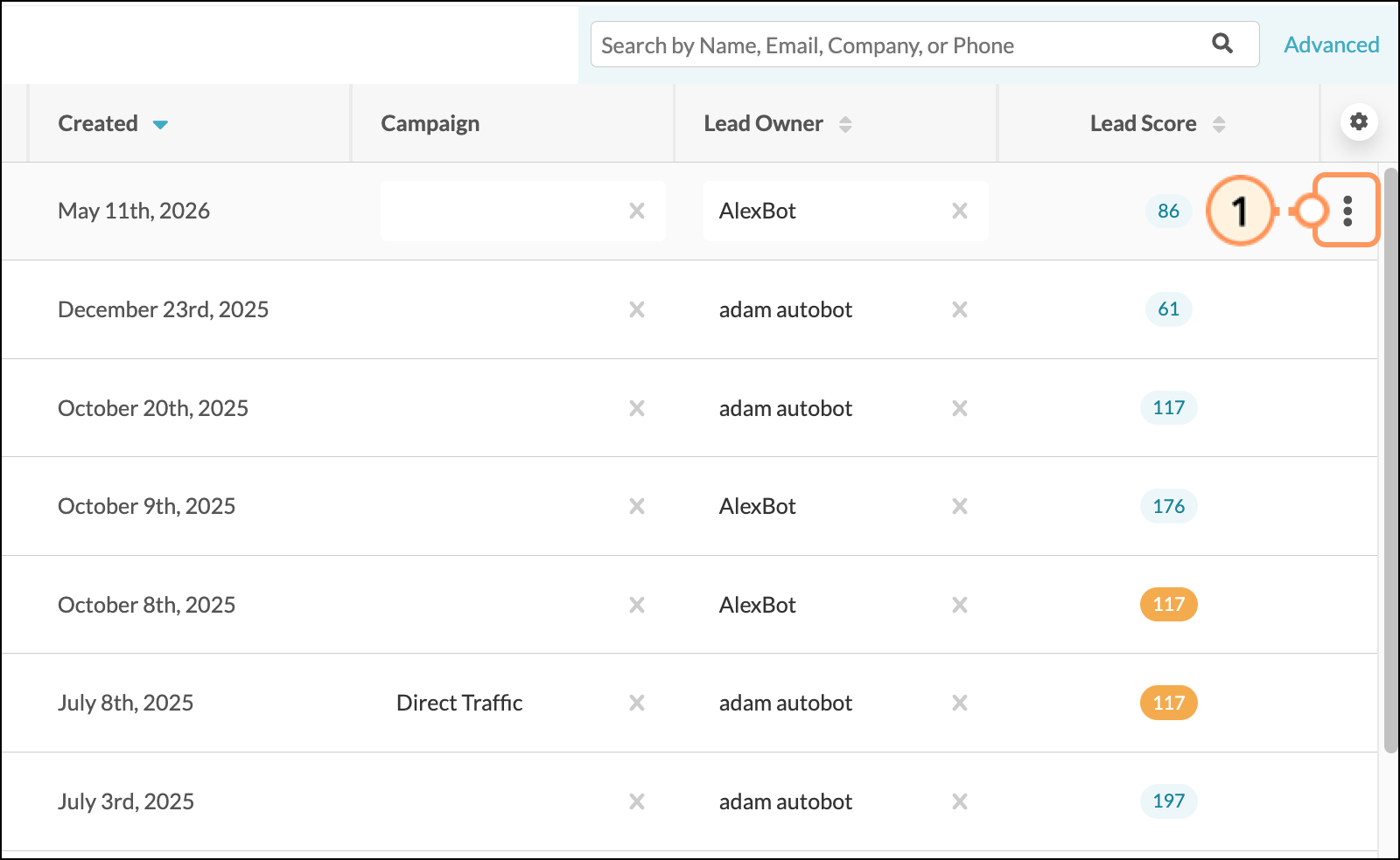 Three-dot settings menu icon on the far right of a contact in the Contact manager table