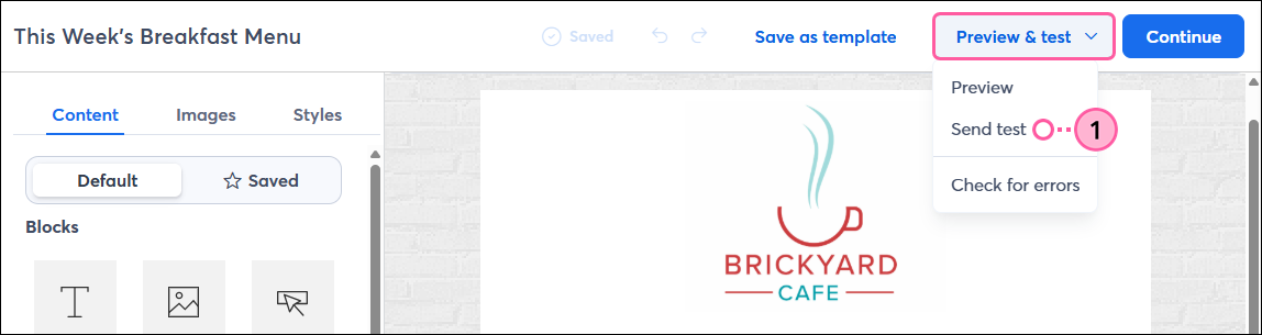Draft email, Preview and Test button, and Send Test option