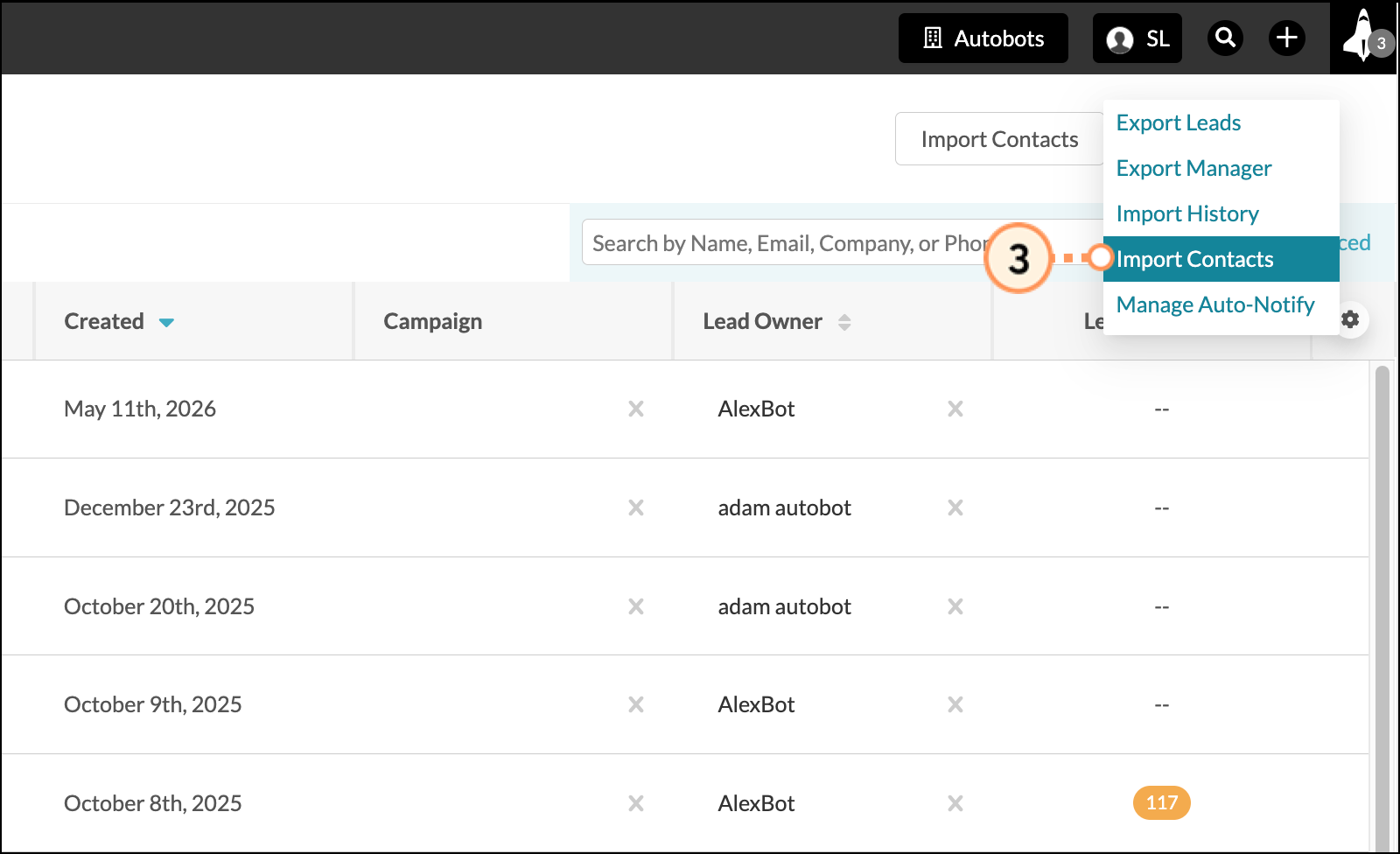 Import Contacts selection in the dropdown menu