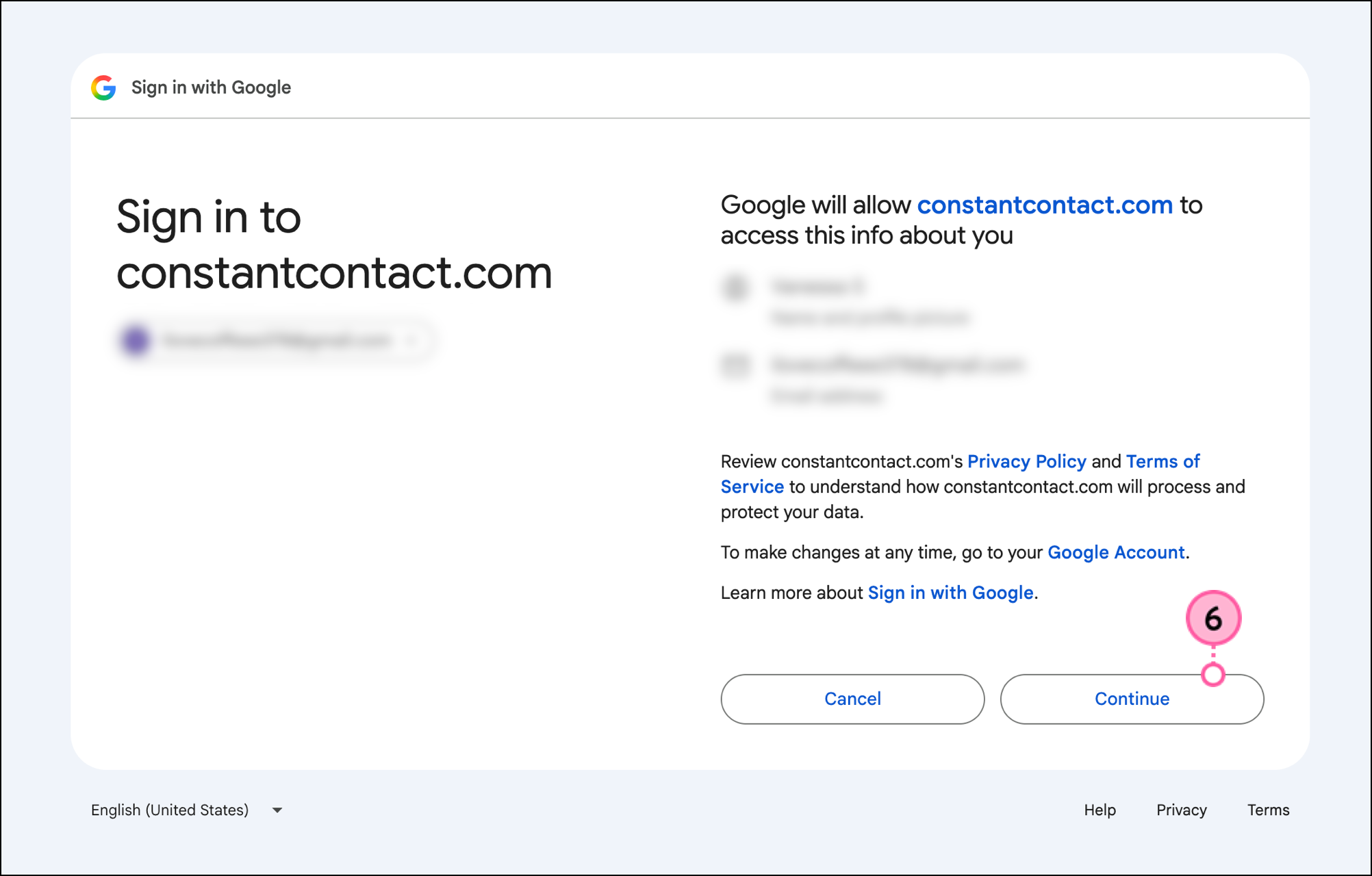 Review of the access that Constant Contact will have and Next button