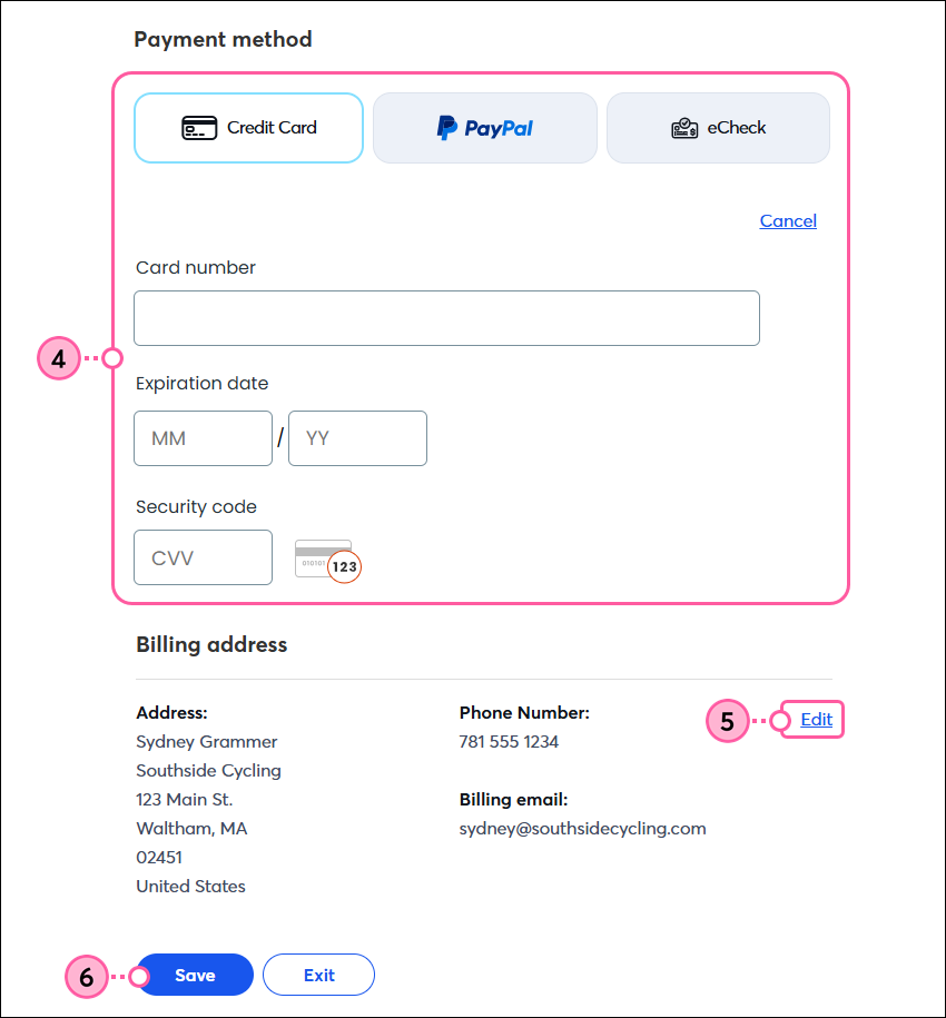 My account page with payment method section, payment options with Credit Card option selected and Card number, Expiration date, and Security code fields, Billing address section with Edit option, and Save button