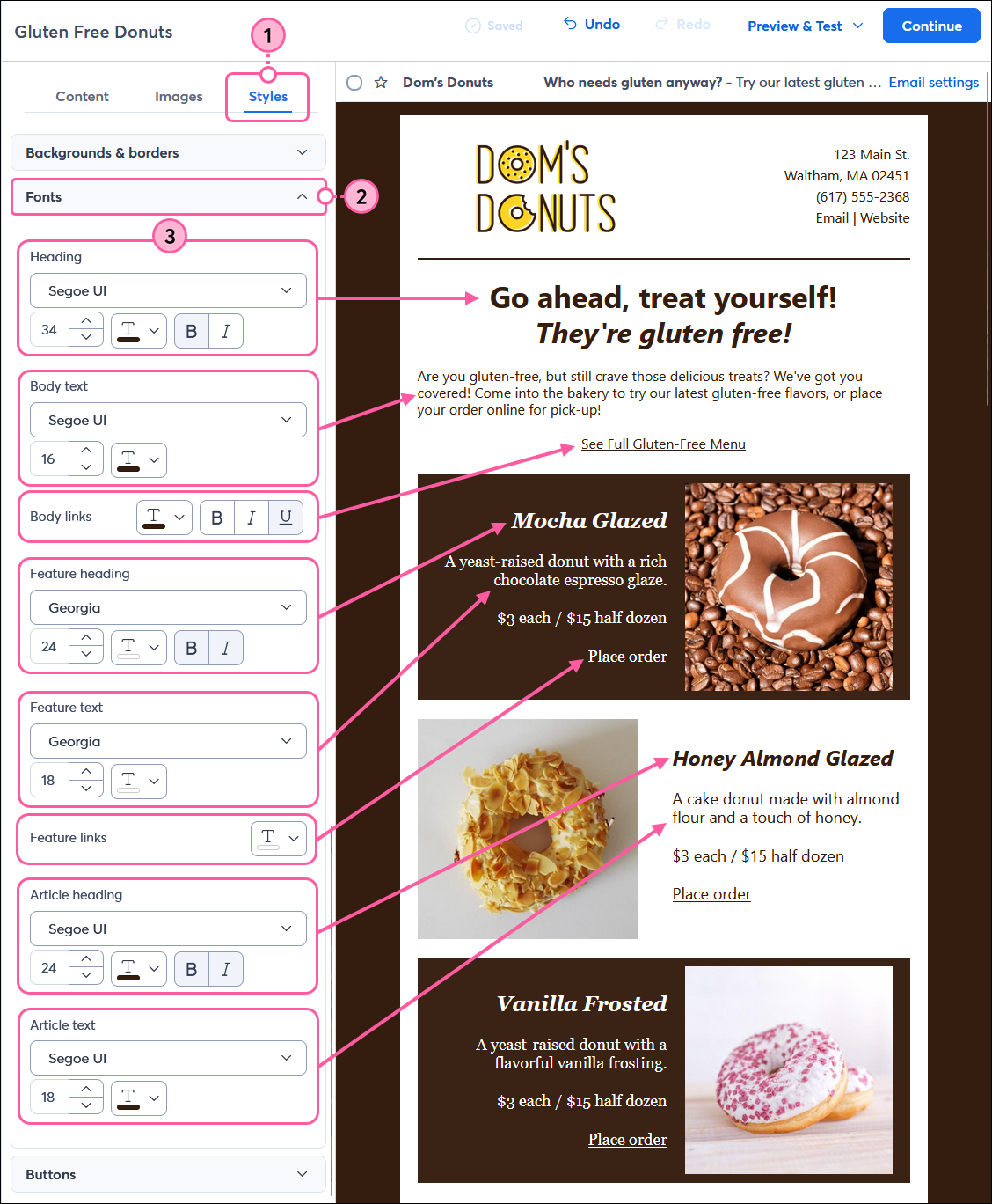 Email Styles tab and Fonts menu expanded with font style options