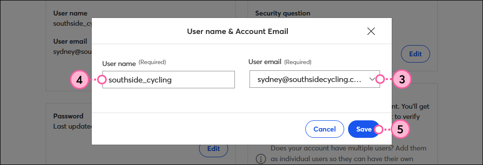 User Email drop-down and Save button