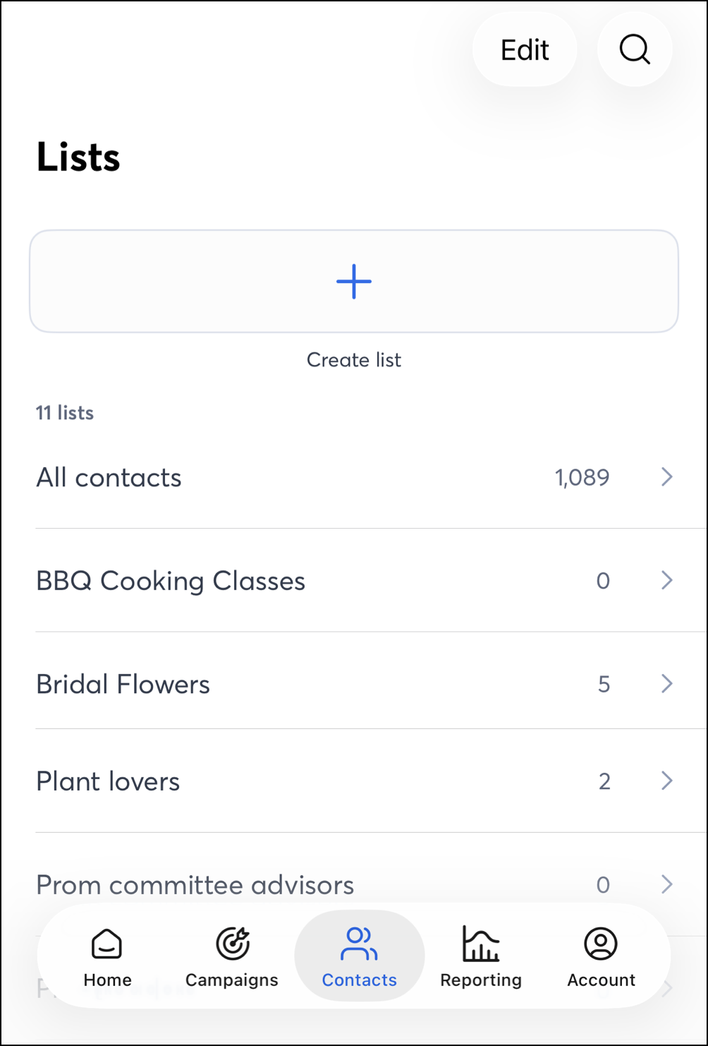 Constant Contact mobile app Contacts tab with Lists and Add New button at the top