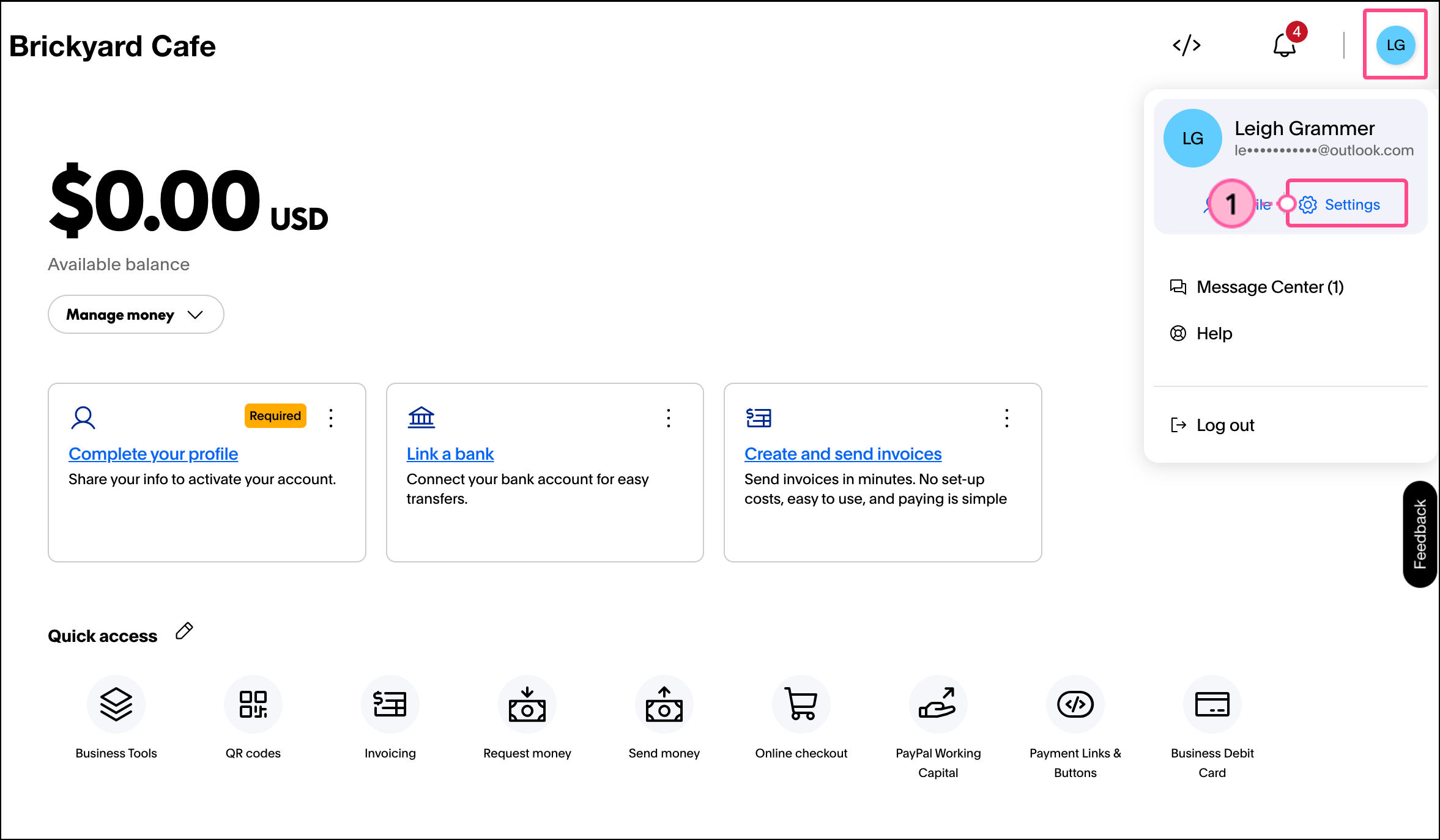 Menú de perfil expandido en la esquina superior derecha con el icono de Configuración.