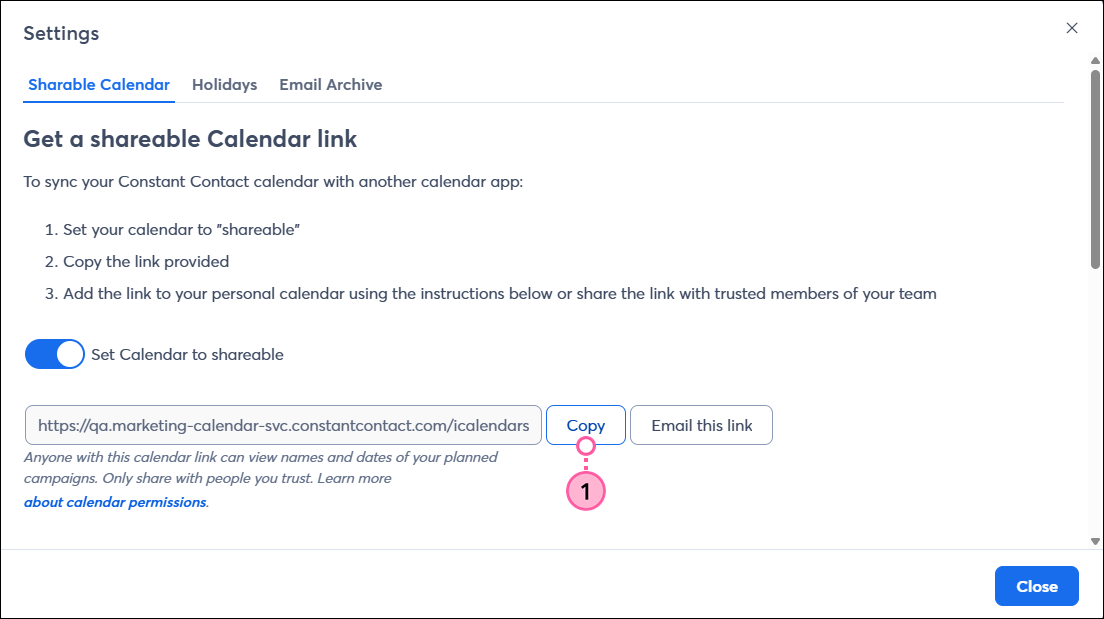 Calendar Settings overlay with Set Calendar to shareable toggle on, and Copy button