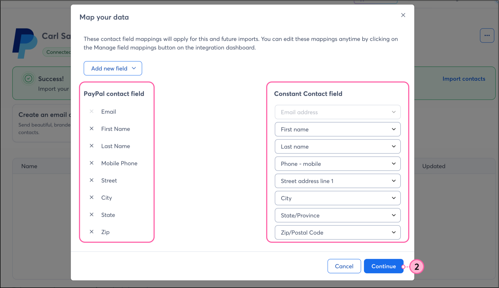 Map your data page with PayPal fields on the left and Constant Contact field drop-downs on the right above Continue button