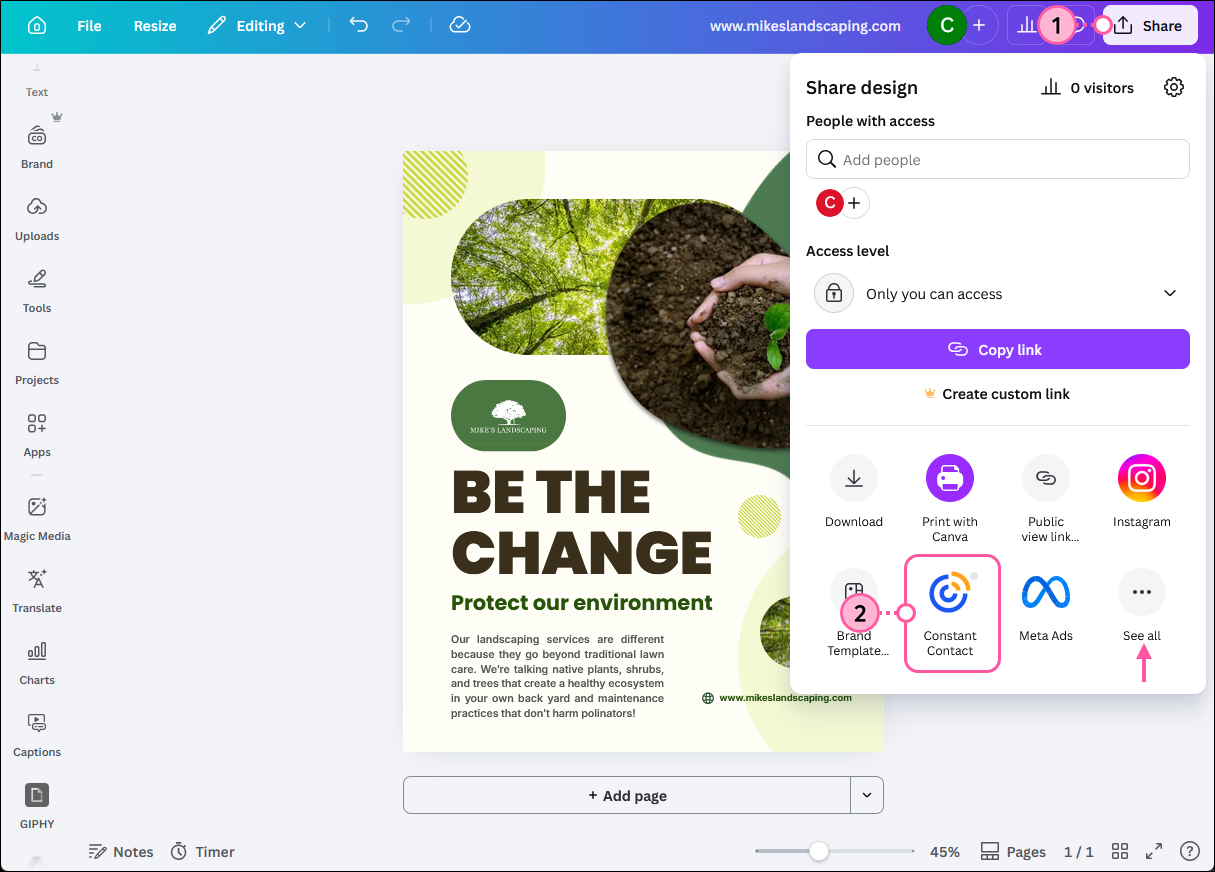 Canva editor with social post template, Share button, and Share design panel with Constant Contact option selected