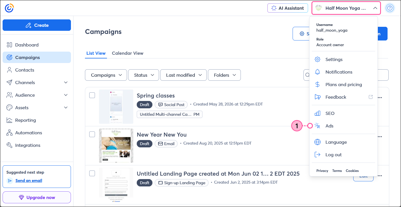 Campaigns tab, List View tab selected, Campaigns menu with Ads option selected, Status menu with Active option selected, Sort menu with Last Modified option selected, active Facebook Lead Ad and Manage button