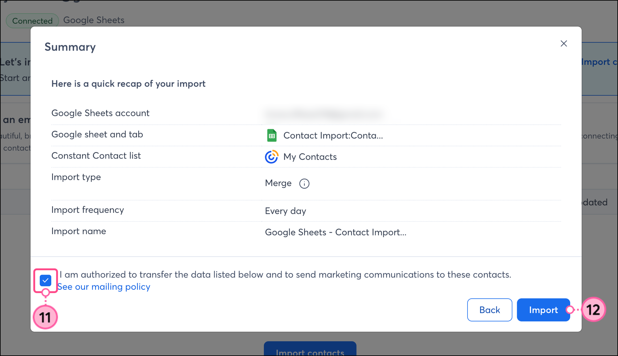 Checkmark confirmation for the integration and Import button