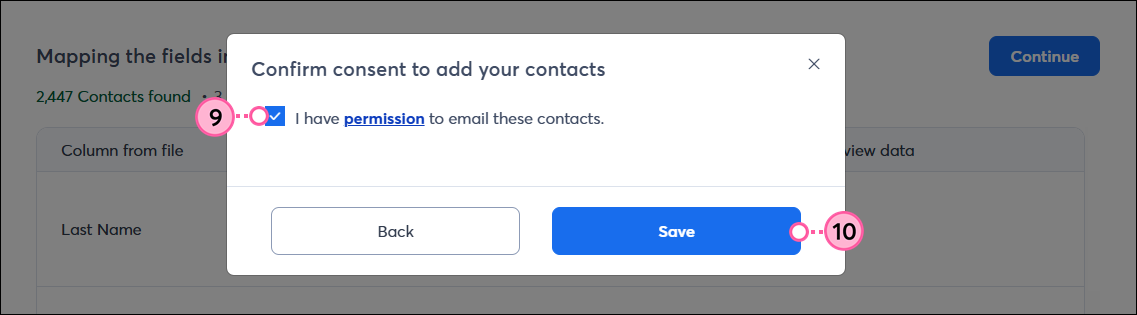Confirm Consent pop-up with checkbox and Save button