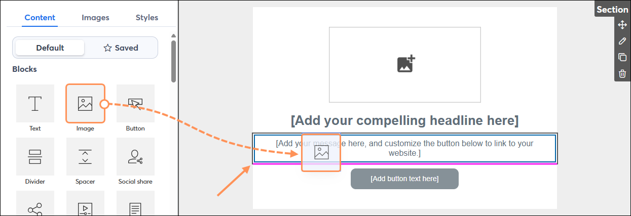 Email editor with Image block being inserted into template and guideline spanning template width
