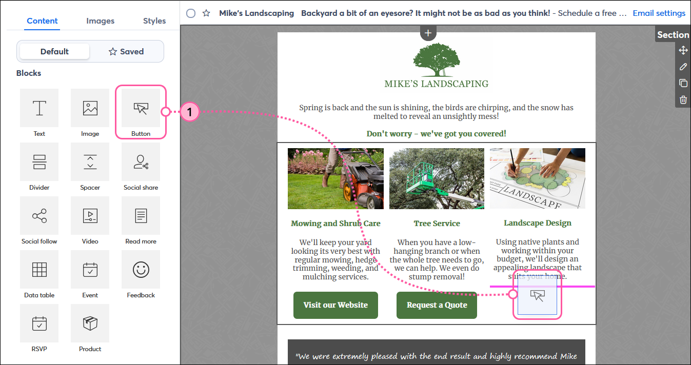 Email editor with Content tab selected, Blocks menu with Button block drag-and-dropped into template