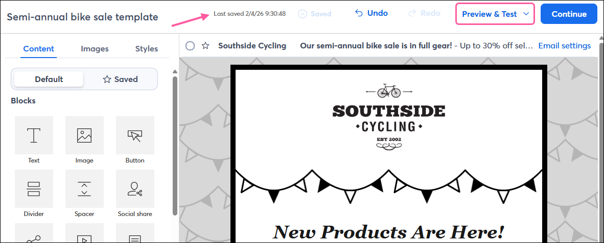Email editor with "Last saved" notification and Preview & Test option