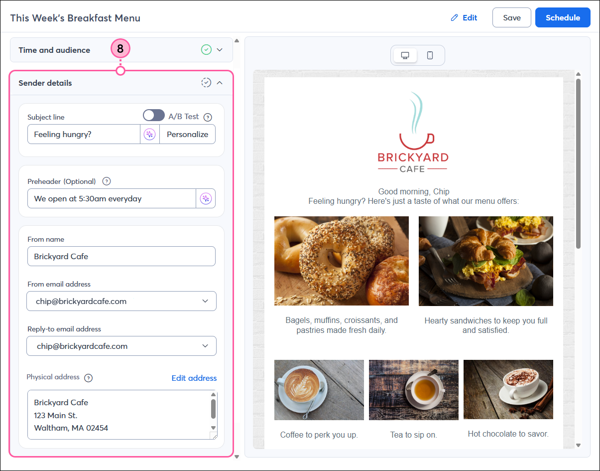 Email schedule page with Sender Details section