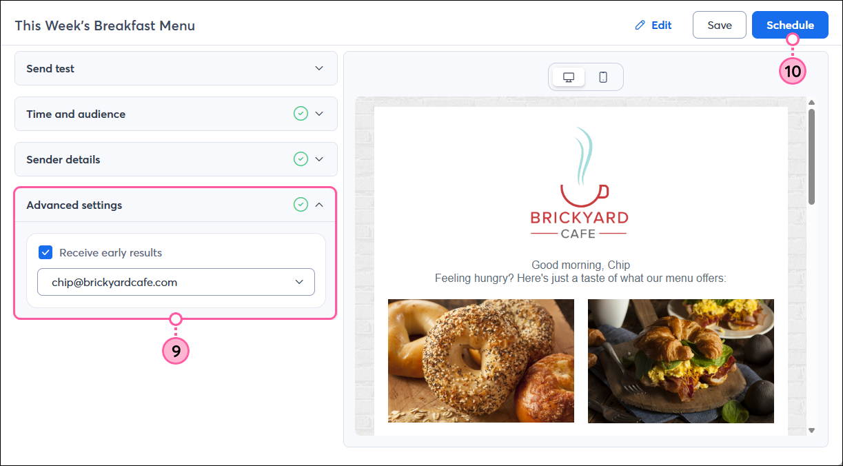 Email schedule page with Advanced Settings section and Schedule button in top-right
