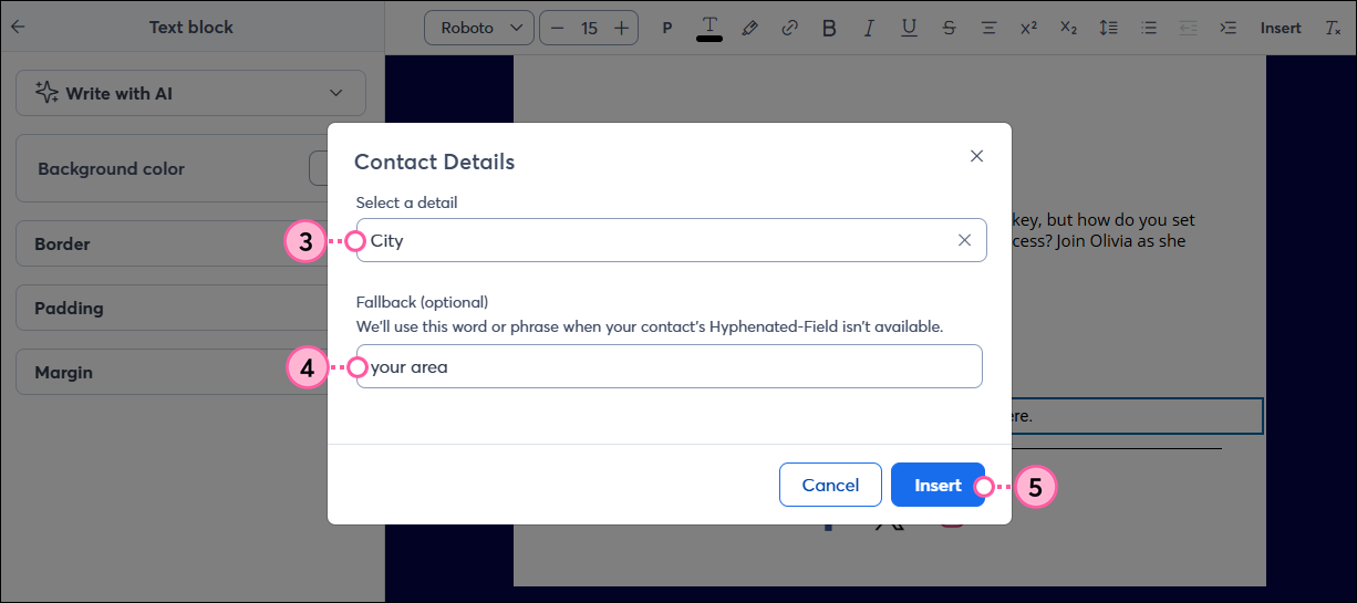 Select a detail drop-down, Fallback text field, and Insert Button