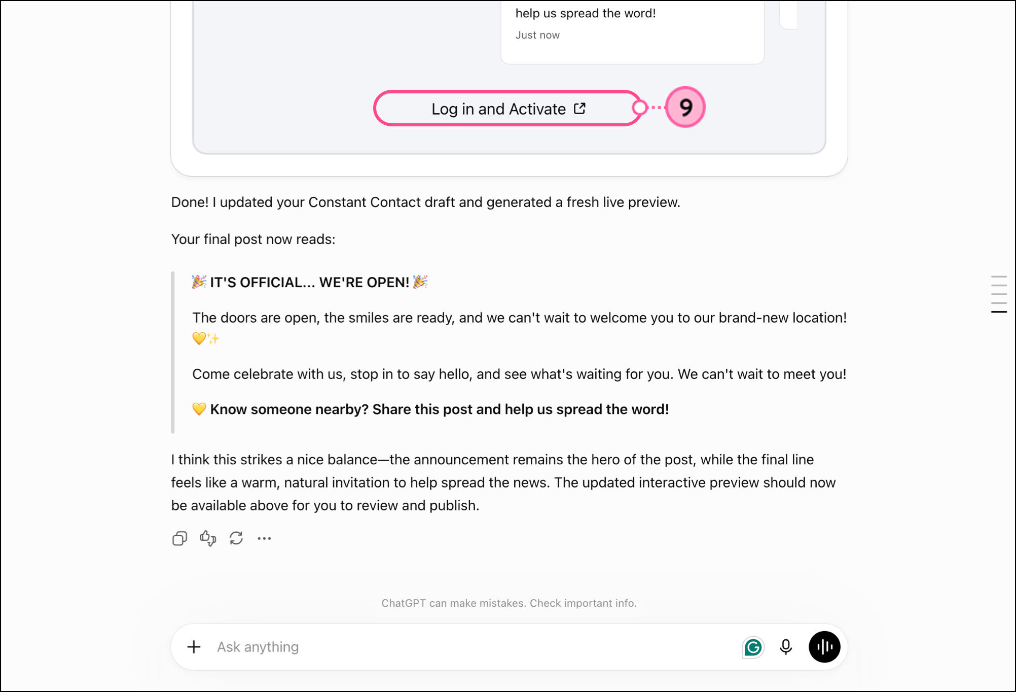 Constant Contact live preview with Log in and Activate button