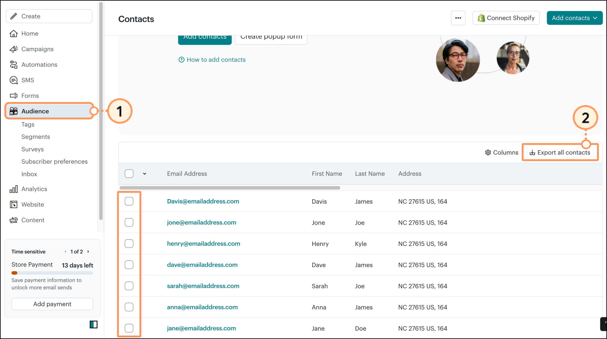 Mailchimp dashboard audiences tab