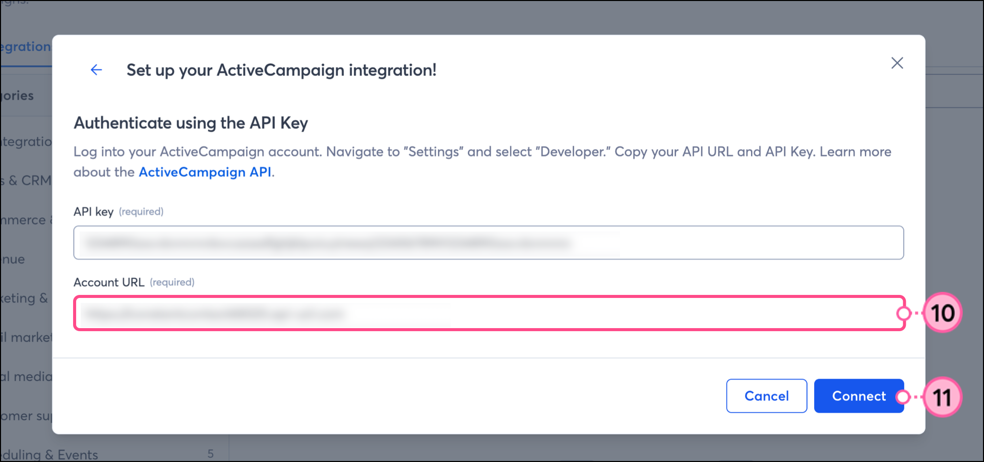 Constant Contact ActiveCampaign connection pop-up with Account URL field